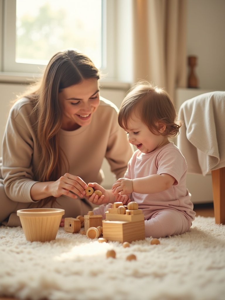 Babysitter playing with a happy toddler