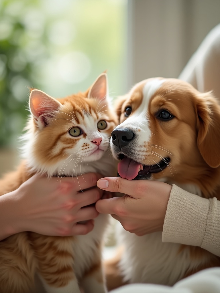 Gentle hands caring for a cat and dog